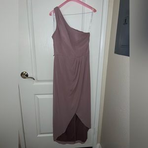 David's Bridal bridesmaid one shoulder chiffon tulip hem dress QUARTZ color